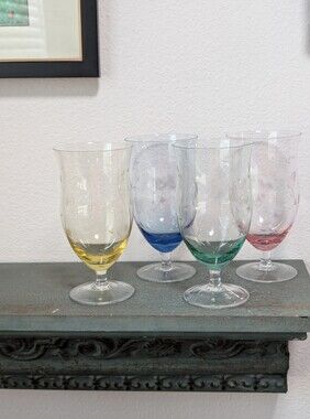 Vtg Lenox Butterfly Meadow Etched Iced Tea Water Goblets Set 4 Assorted Colors